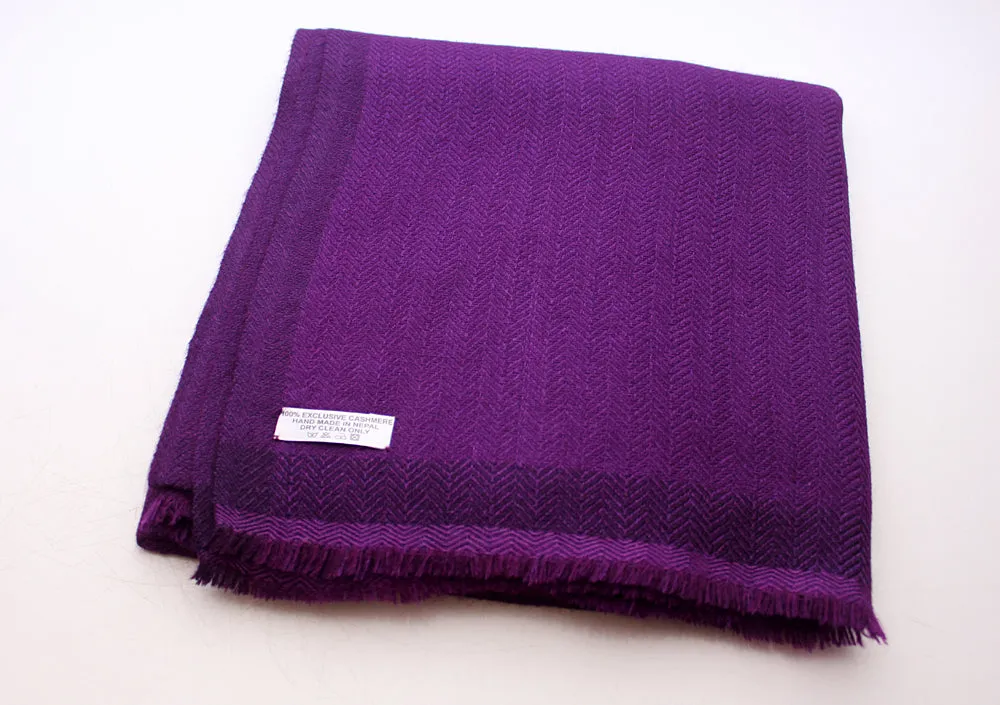 100 % Exclusive Purple Cashmere Shawl with Border Herringbone Pattern