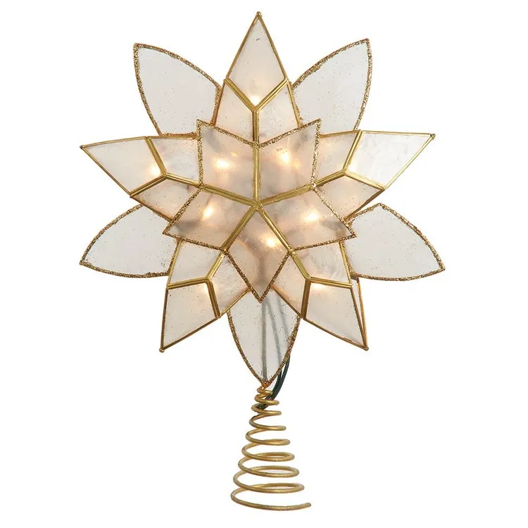 11.75" Lighted Gold Tin Double Point Capiz Star Christmas Tree Topper