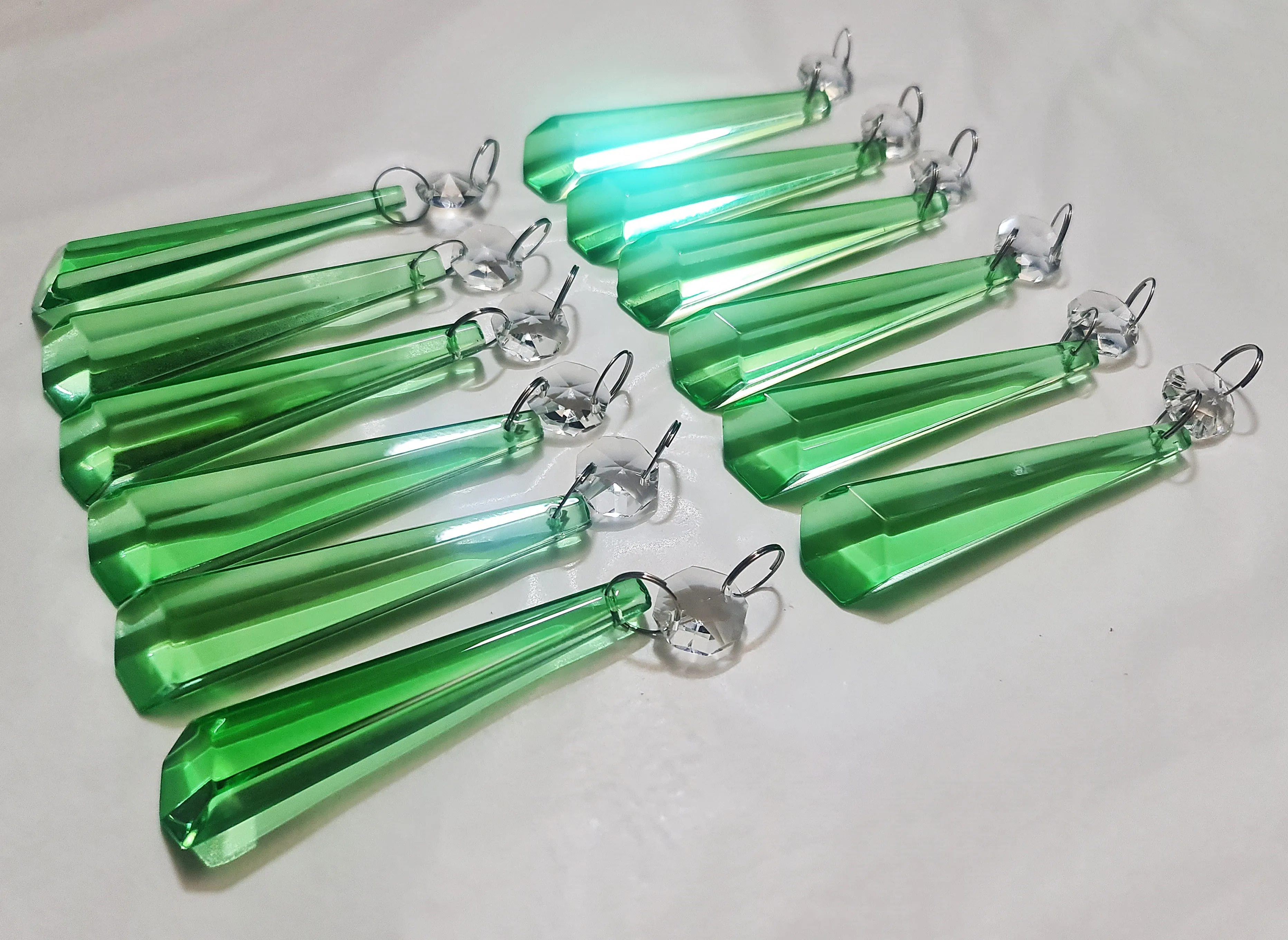 12 Emerald Green Icicles 72 mm 3" UK Chandelier Crystals Drops Beads Droplets Christmas Decorations