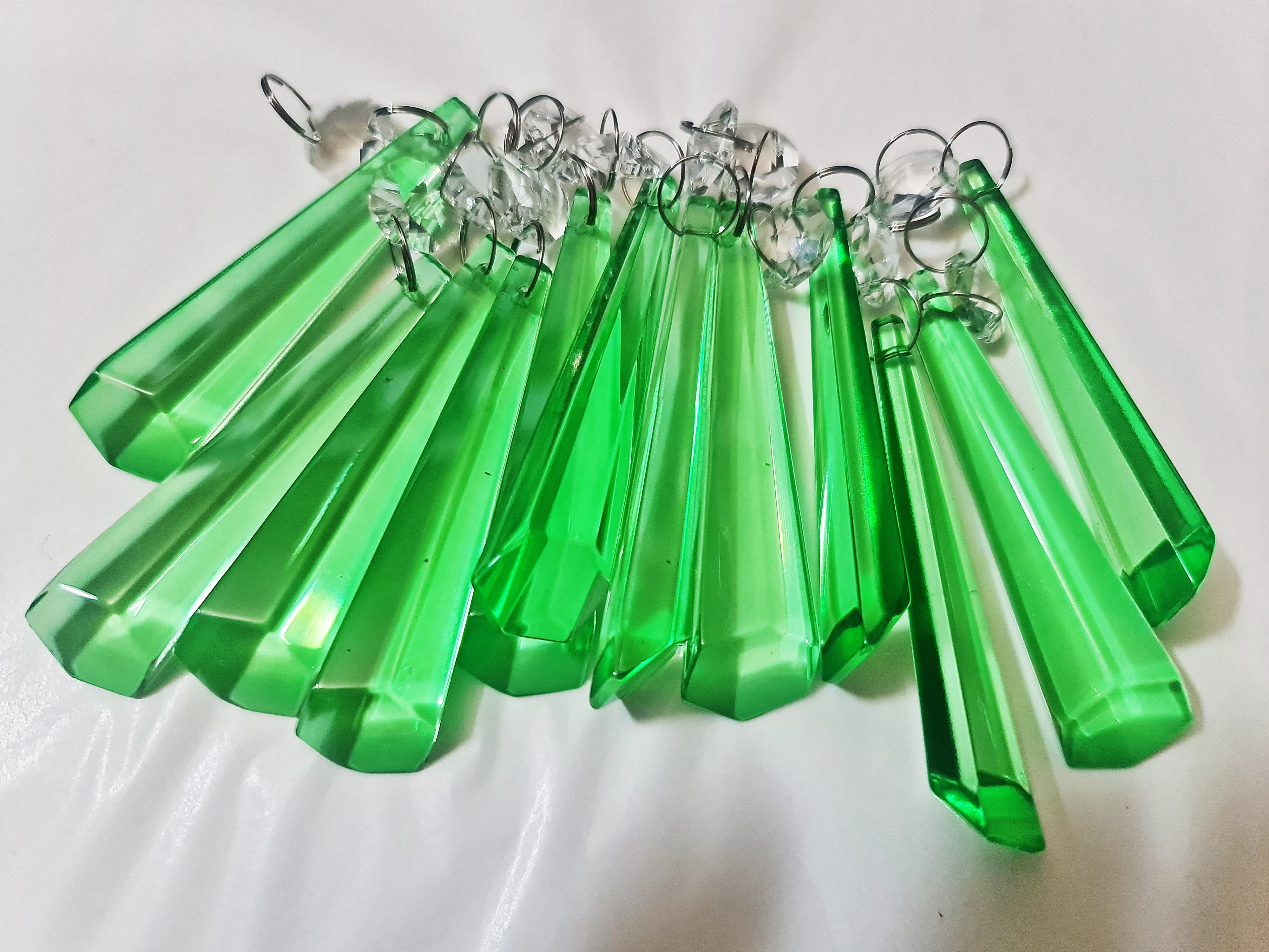 12 Emerald Green Icicles 72 mm 3" UK Chandelier Crystals Drops Beads Droplets Christmas Decorations