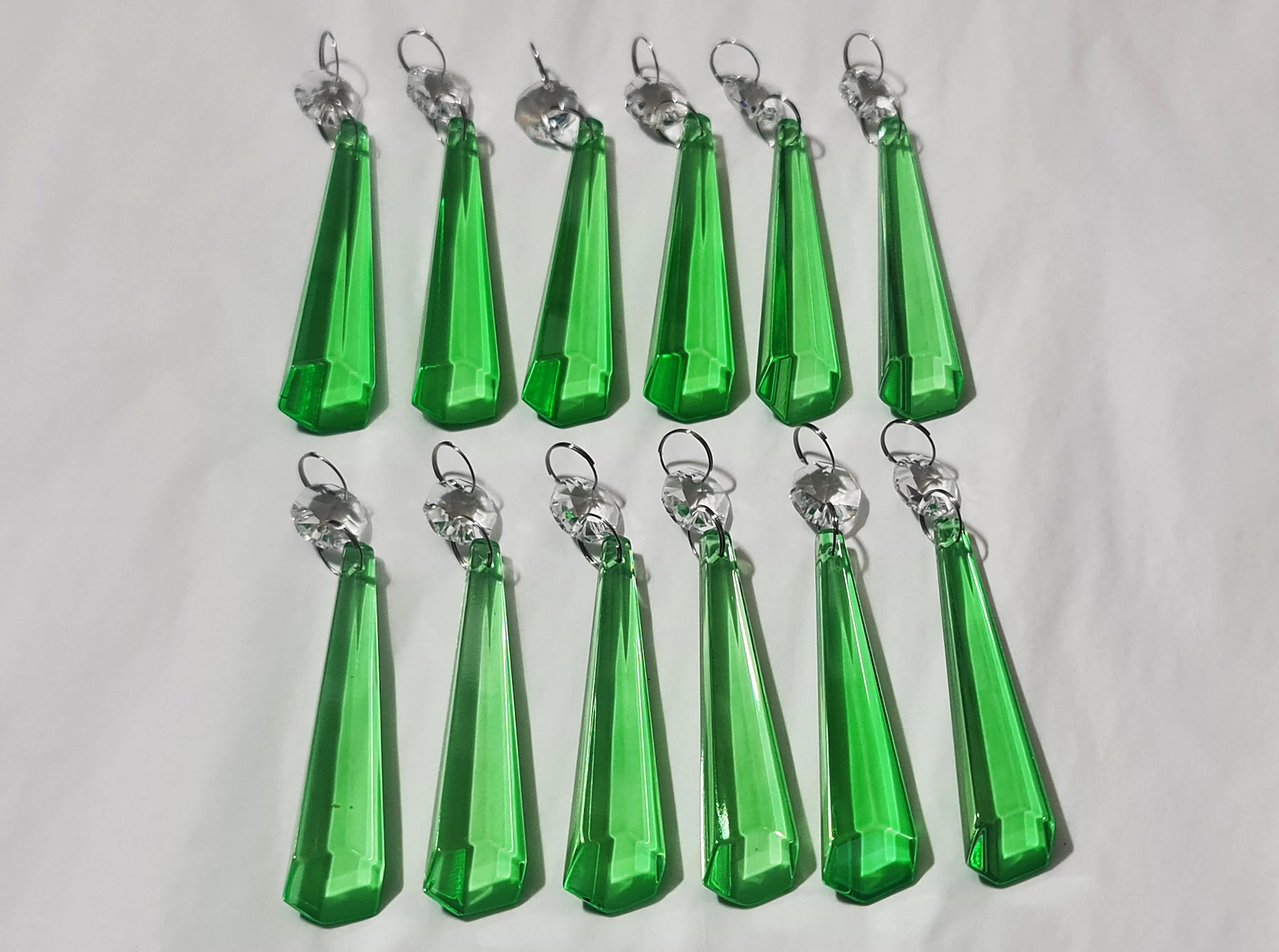 12 Emerald Green Icicles 72 mm 3" UK Chandelier Crystals Drops Beads Droplets Christmas Decorations