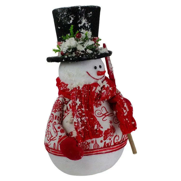 12.5" White and Red Standing Snowman with Shovel Tabletop Christmas Decoration