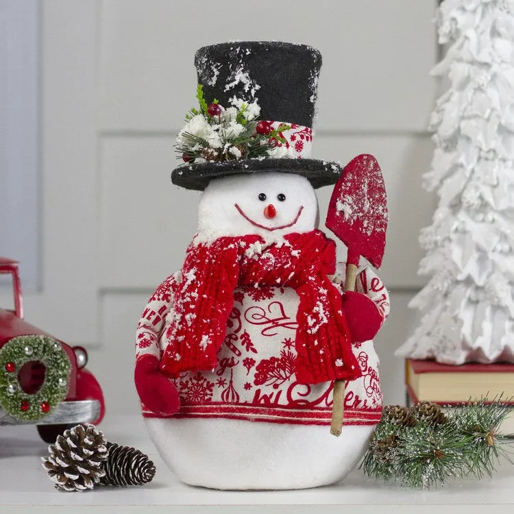 12.5" White and Red Standing Snowman with Shovel Tabletop Christmas Decoration