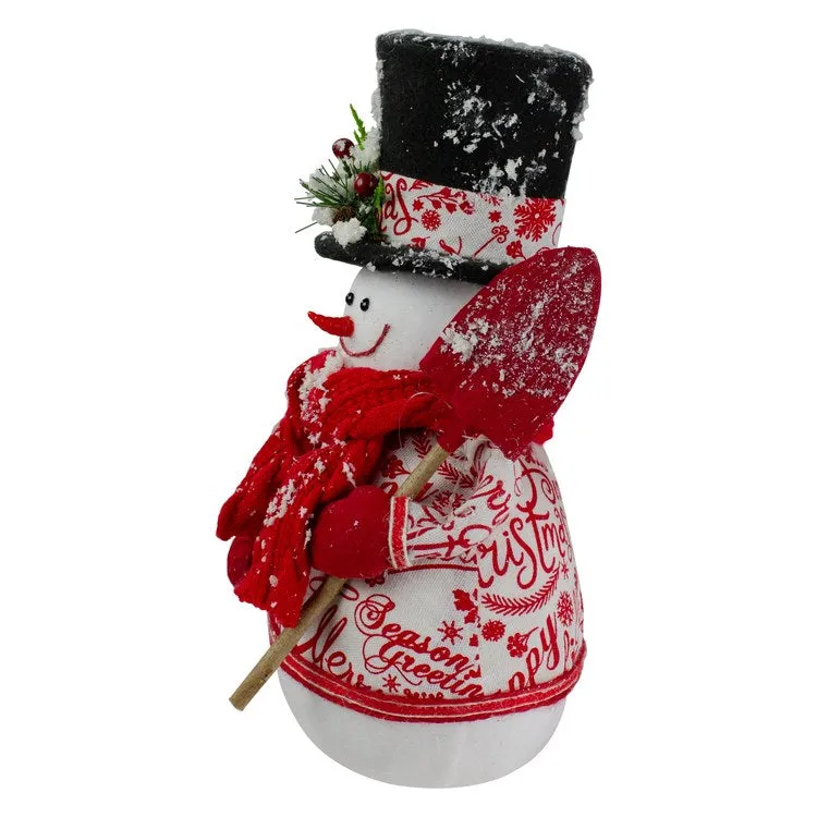 12.5" White and Red Standing Snowman with Shovel Tabletop Christmas Decoration