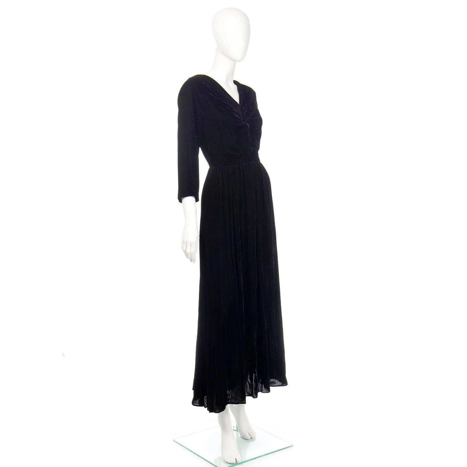 1940s Kamore Black Silk Velvet Evening Dress or Hostess Gown