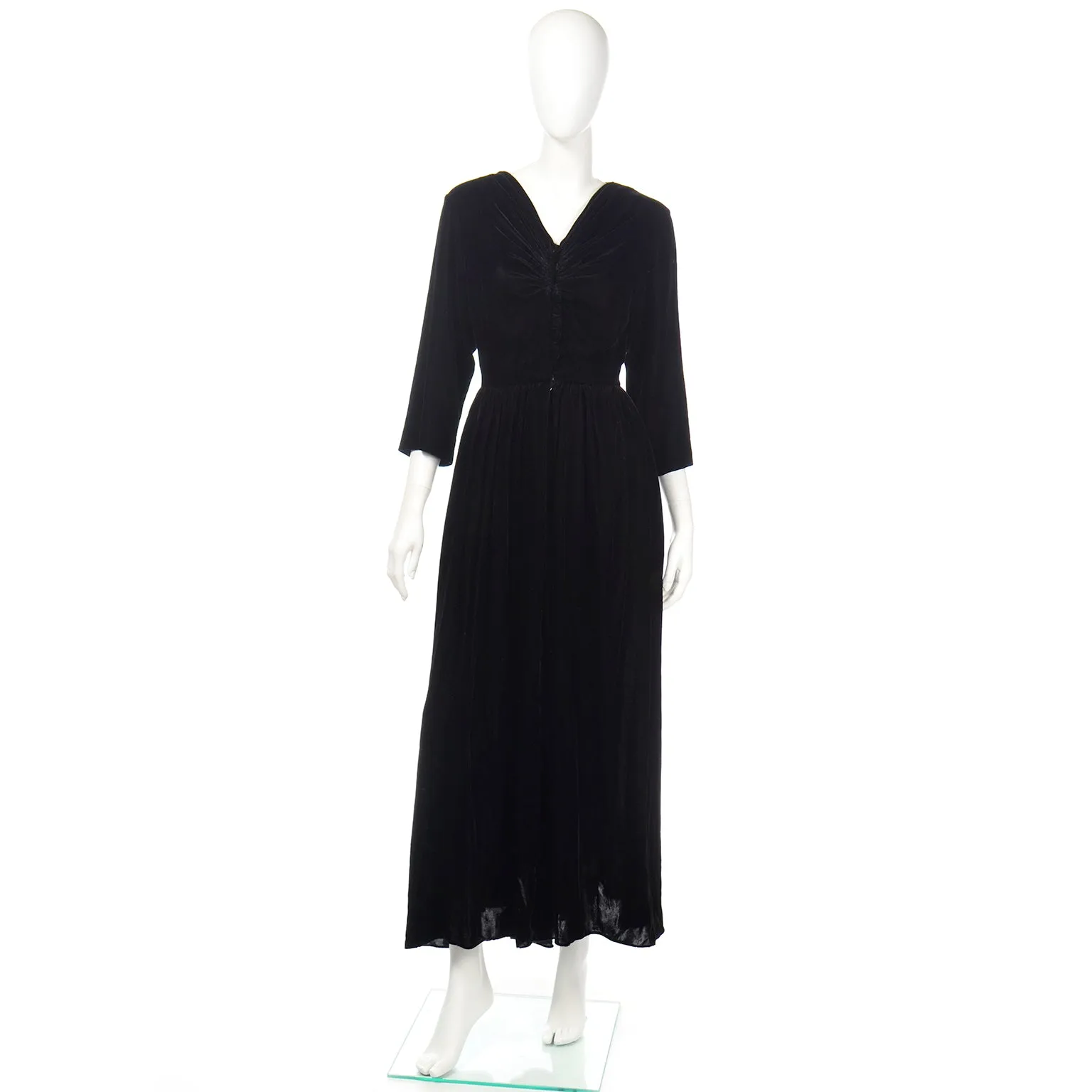 1940s Kamore Black Silk Velvet Evening Dress or Hostess Gown