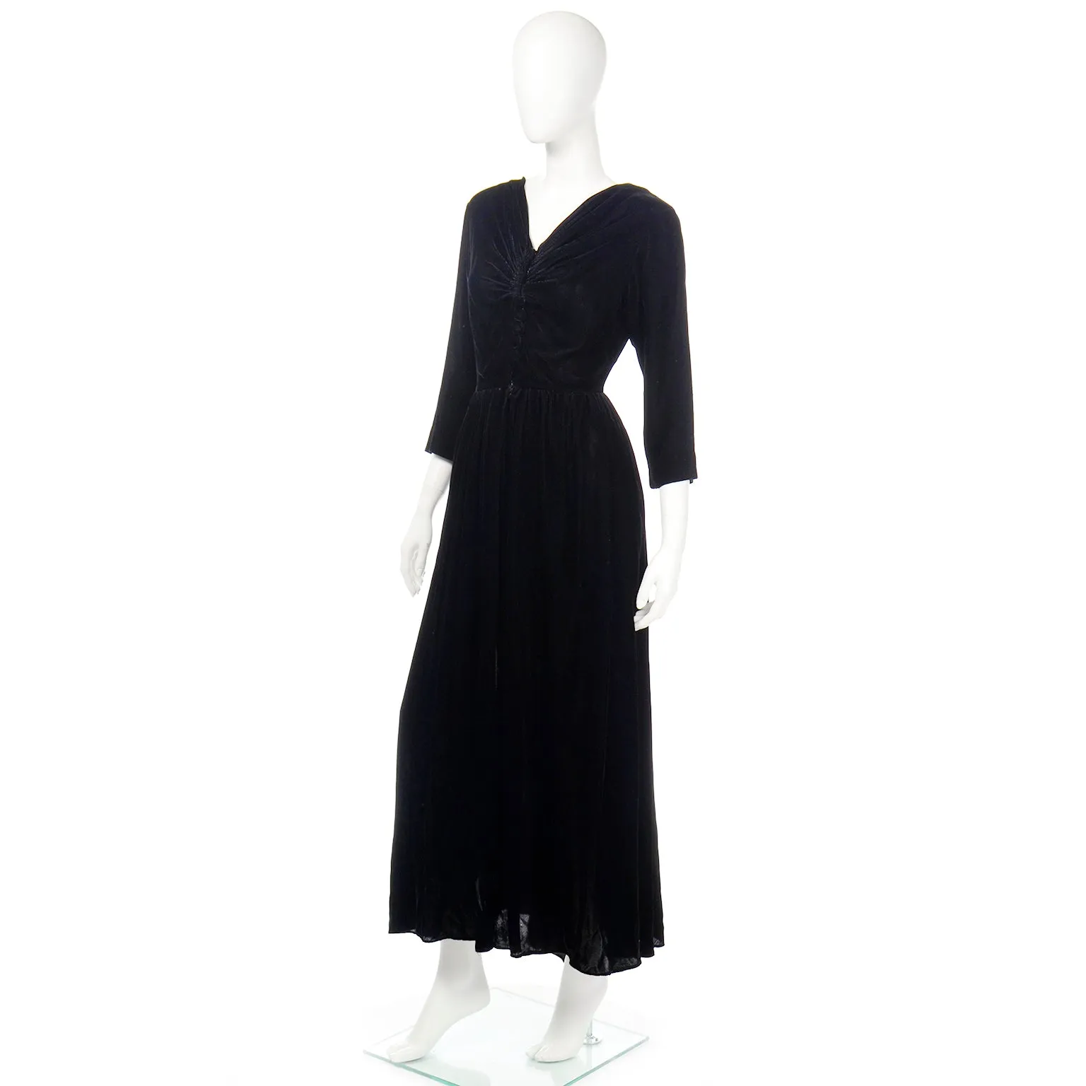 1940s Kamore Black Silk Velvet Evening Dress or Hostess Gown