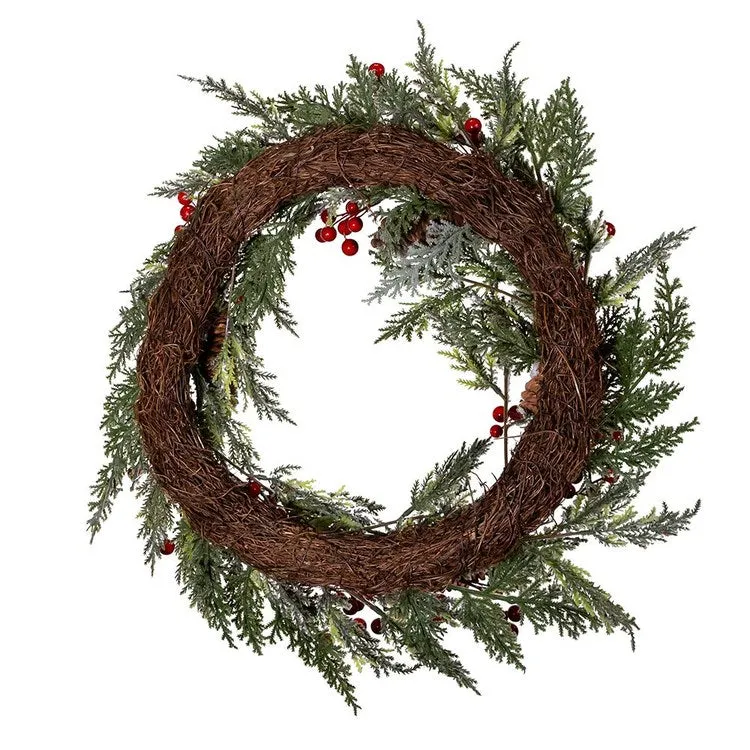 20" Unlit Flocked Rattan Wreath with Red Berries