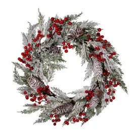 20" Unlit Flocked Rattan Wreath with Red Berries