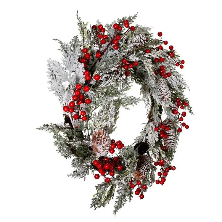 20" Unlit Flocked Rattan Wreath with Red Berries