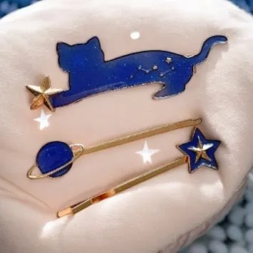 3 pack Celestial kitty hair clips| blue moon stars constellation planet | korean hair accessories | enamel glitters hair pin |cat lover gift