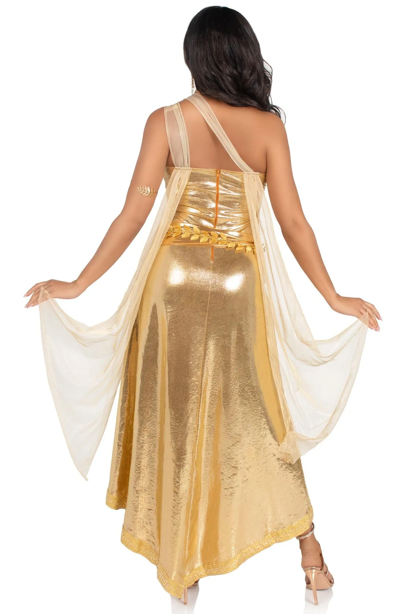 3 Piece Golden Goddess Asymmetrical Shimmer Dress, Draping, Gold Leaf Sash