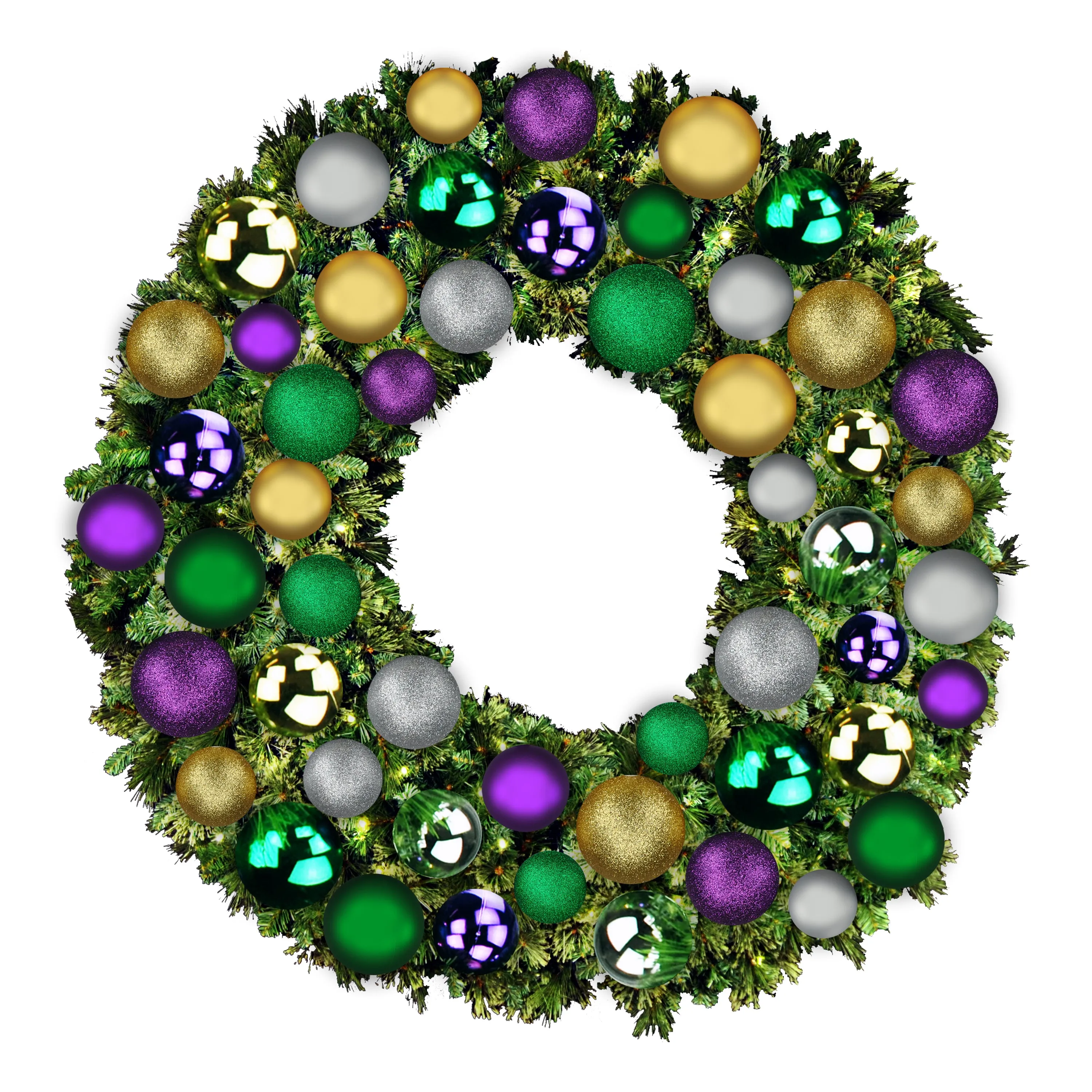 5' Mixed Blend Pine Wreath with Warm White LED Lights and Mardi Gras Themed Ornaments