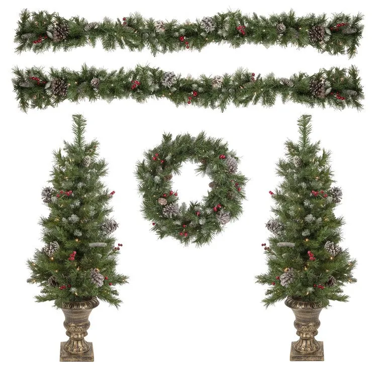 5-Piece Pre-Lit Frosted Verona Berry Pine Artificial Christmas Entryway Set