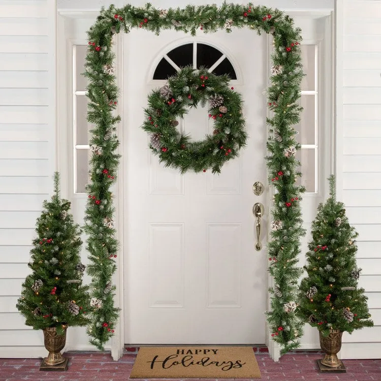 5-Piece Pre-Lit Frosted Verona Berry Pine Artificial Christmas Entryway Set