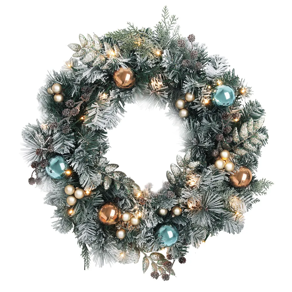 60cm Snowy LED Christmas Wreath w/ Pine Cones & Baubles - Jingle Jollys