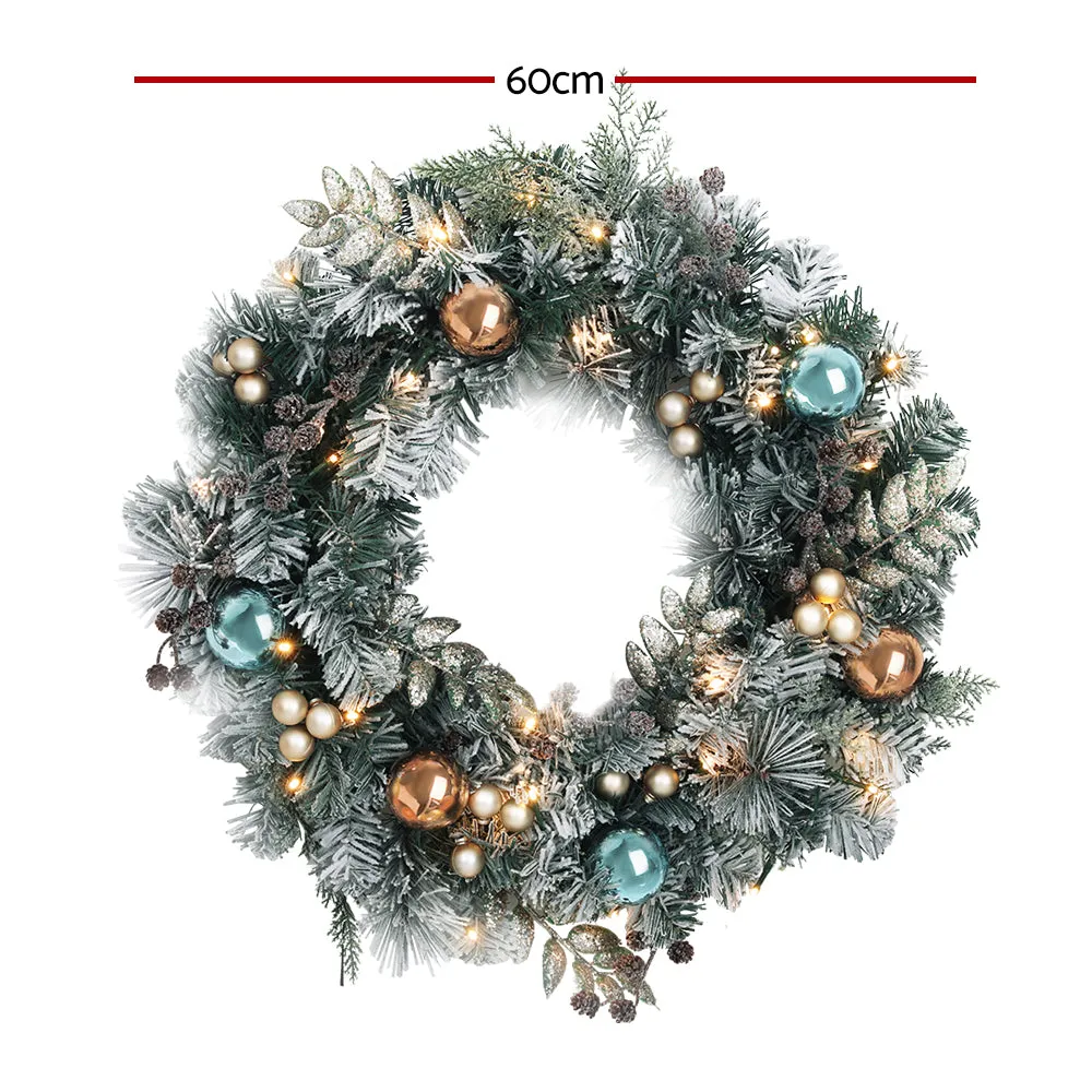 60cm Snowy LED Christmas Wreath w/ Pine Cones & Baubles - Jingle Jollys