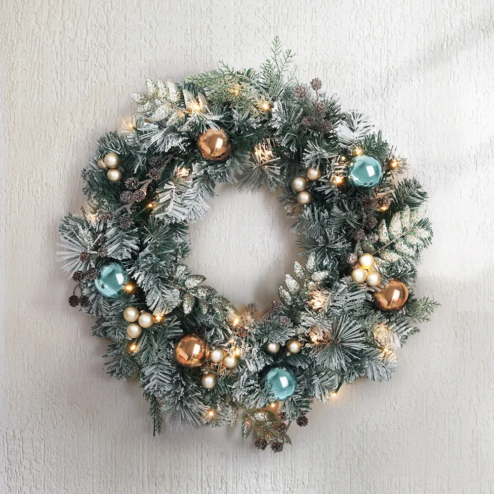 60cm Snowy LED Christmas Wreath w/ Pine Cones & Baubles - Jingle Jollys