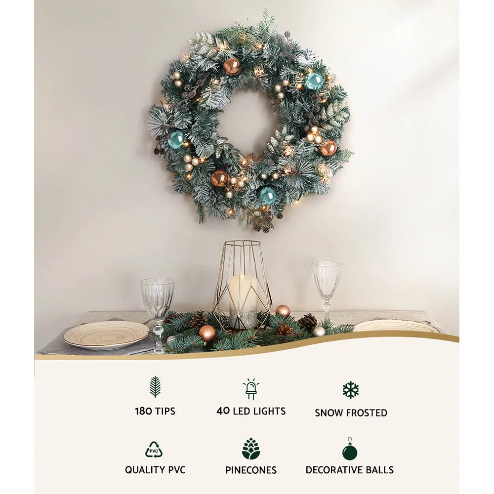 60cm Snowy LED Christmas Wreath w/ Pine Cones & Baubles - Jingle Jollys