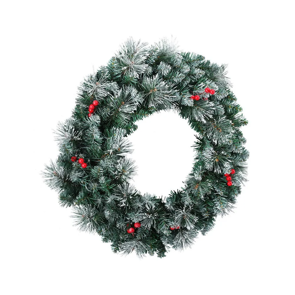 60cm Snowy LED Christmas Wreath with Berries & Pine Needles