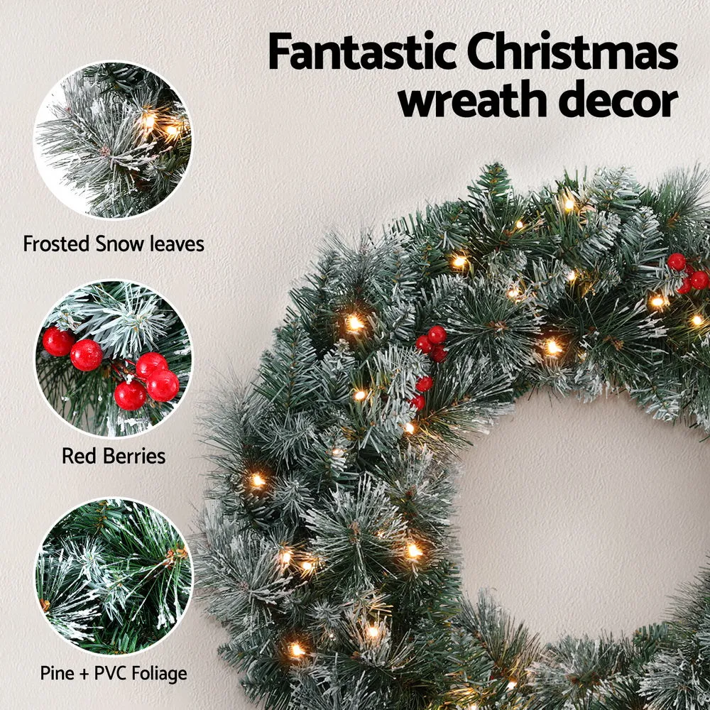 60cm Snowy LED Christmas Wreath with Berries & Pine Needles