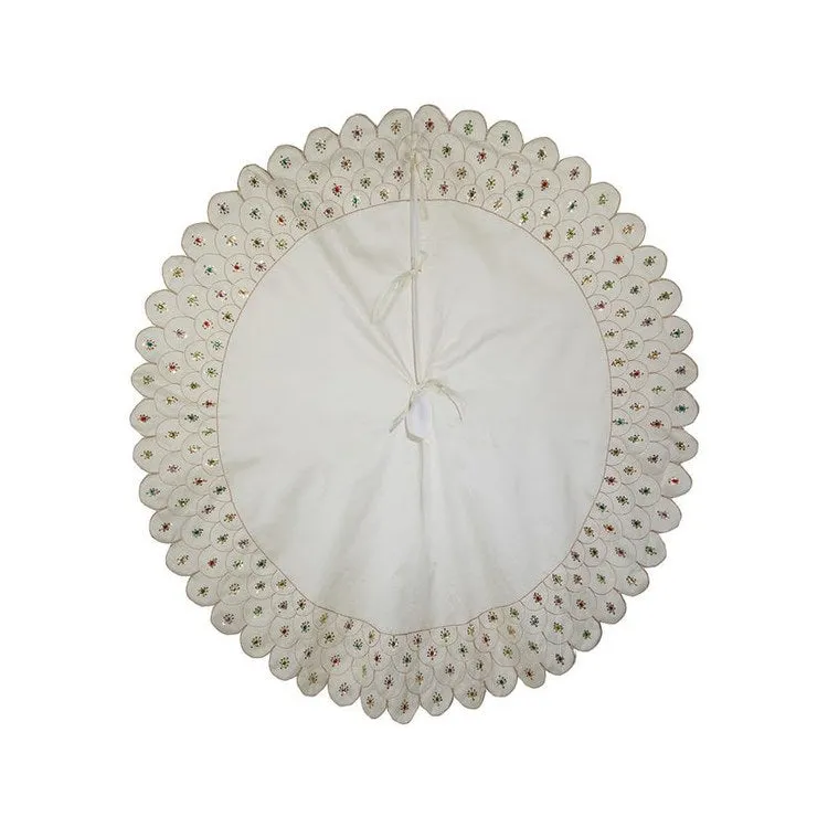 60" Scalloped Ivory Embroidered Tree Skirt with Multi-Colored Beads