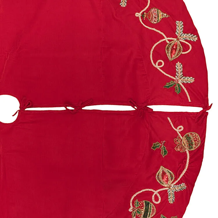 72" Red Beaded Ornaments Velvet Tree Skirt