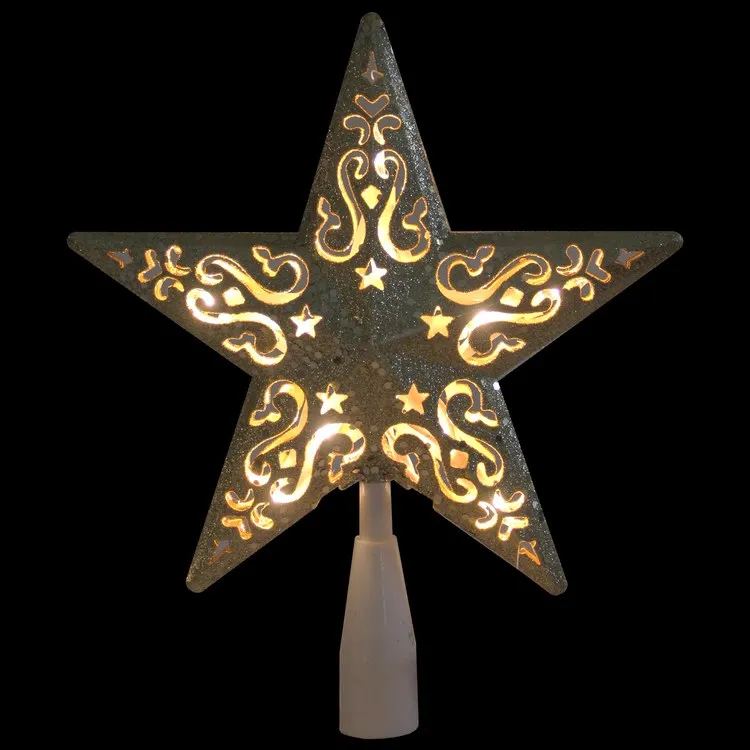 8.5" Gold Glitter Star Christmas Tree Topper with Clear Lights