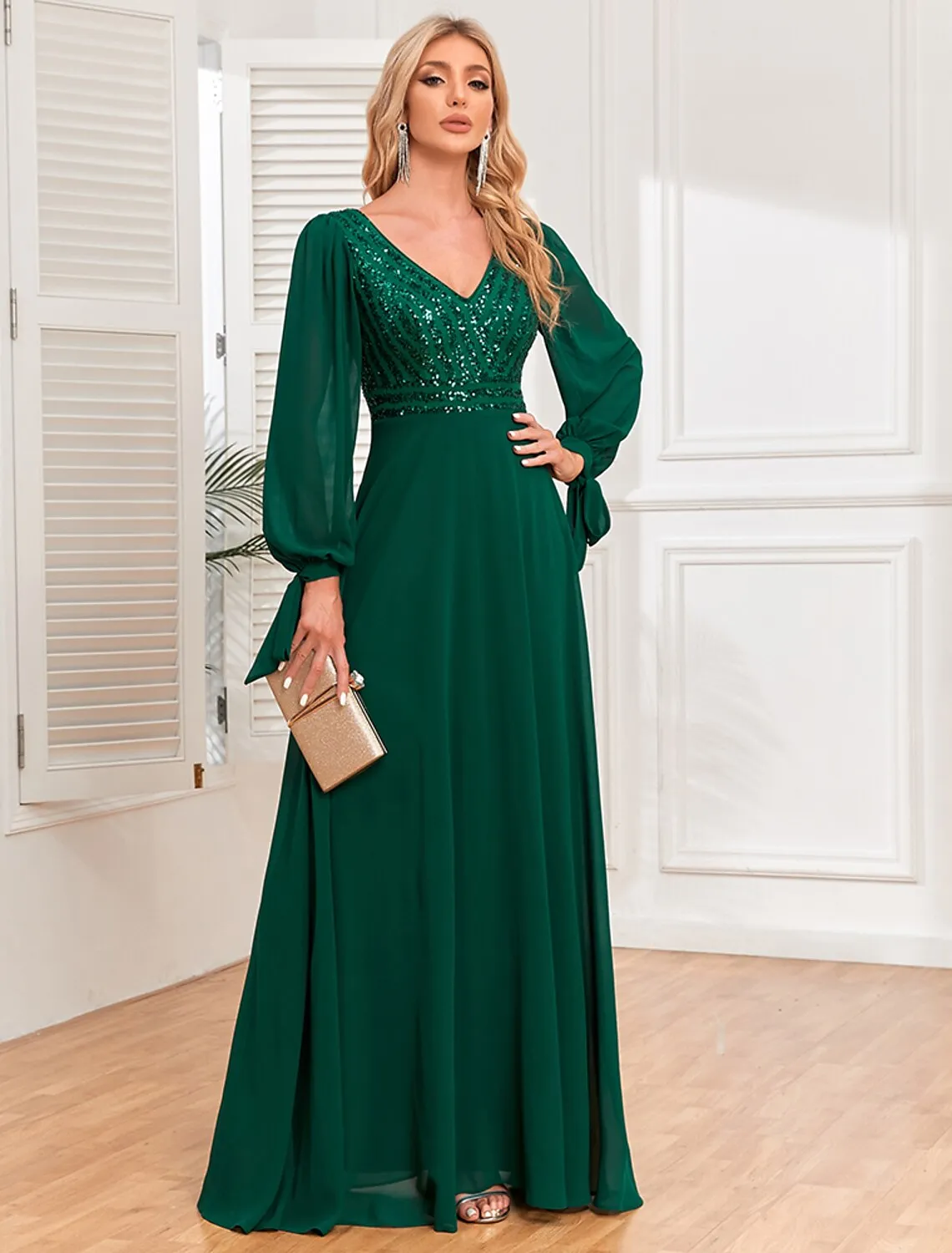 A-Line Evening Gown Empire Dress Evening Party Floor Length Long Sleeve V Neck Fall Wedding Guest Chiffon V Back with Sequin