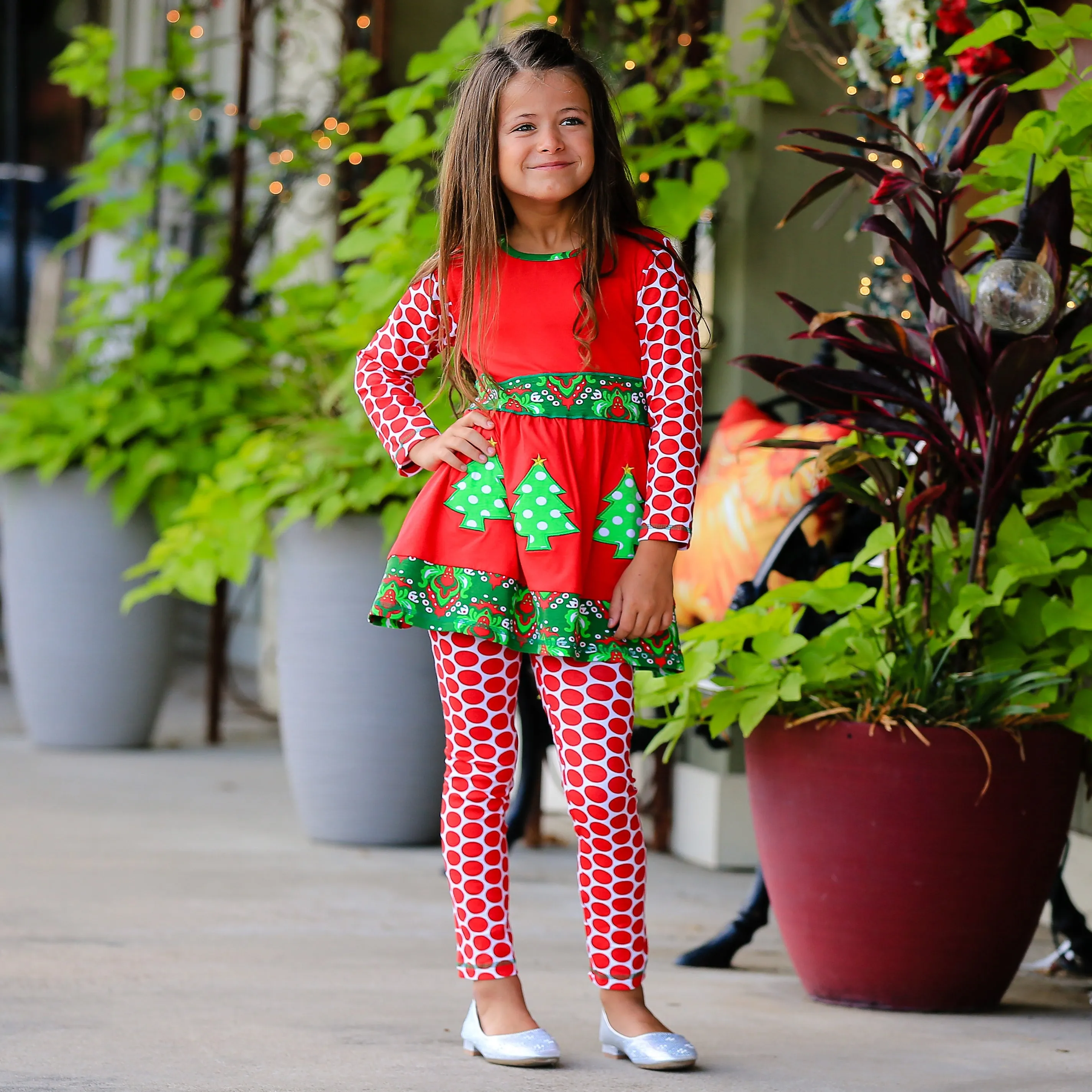 AnnLoren Girls Boutique Winter Holiday Red Green Damask Dress and Legging Set sz 2/3T-9/10