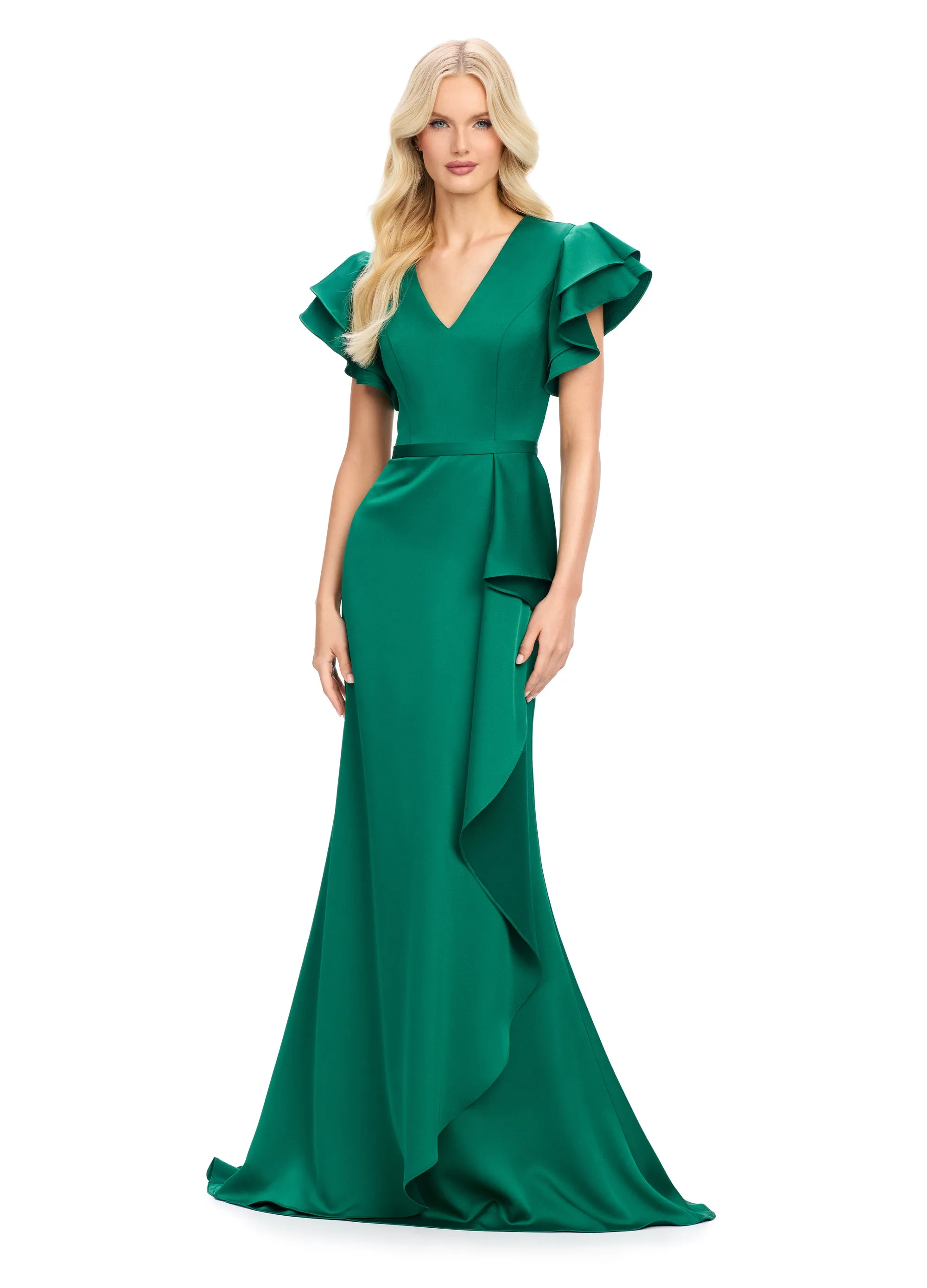 Ashley Lauren 11737 Crepe Evening Gown with Ruffle Sleeves V Neckline