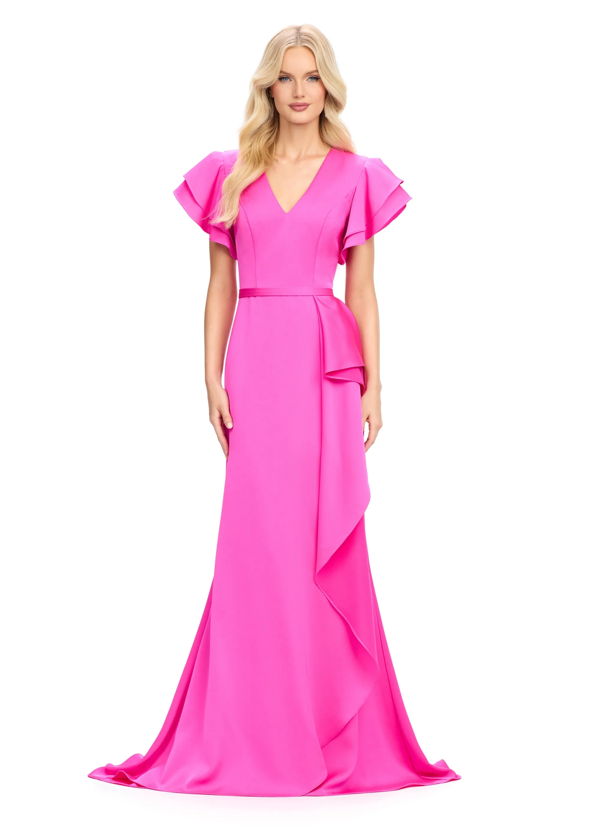 Ashley Lauren 11737 Crepe Evening Gown with Ruffle Sleeves V Neckline