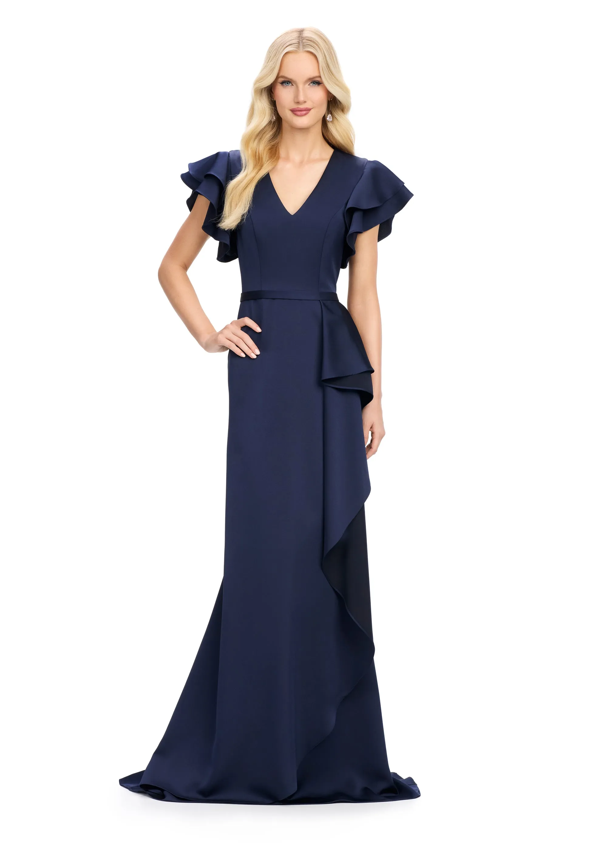 Ashley Lauren 11737 Crepe Evening Gown with Ruffle Sleeves V Neckline