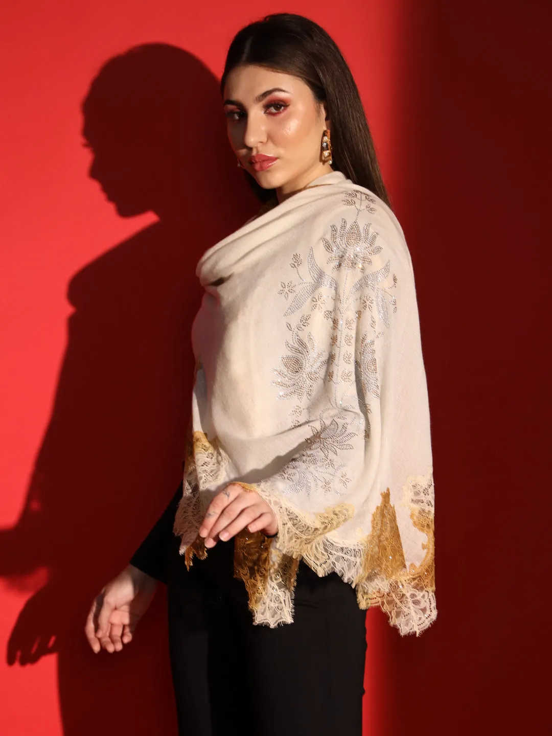 beige shawl with lace and swarovski