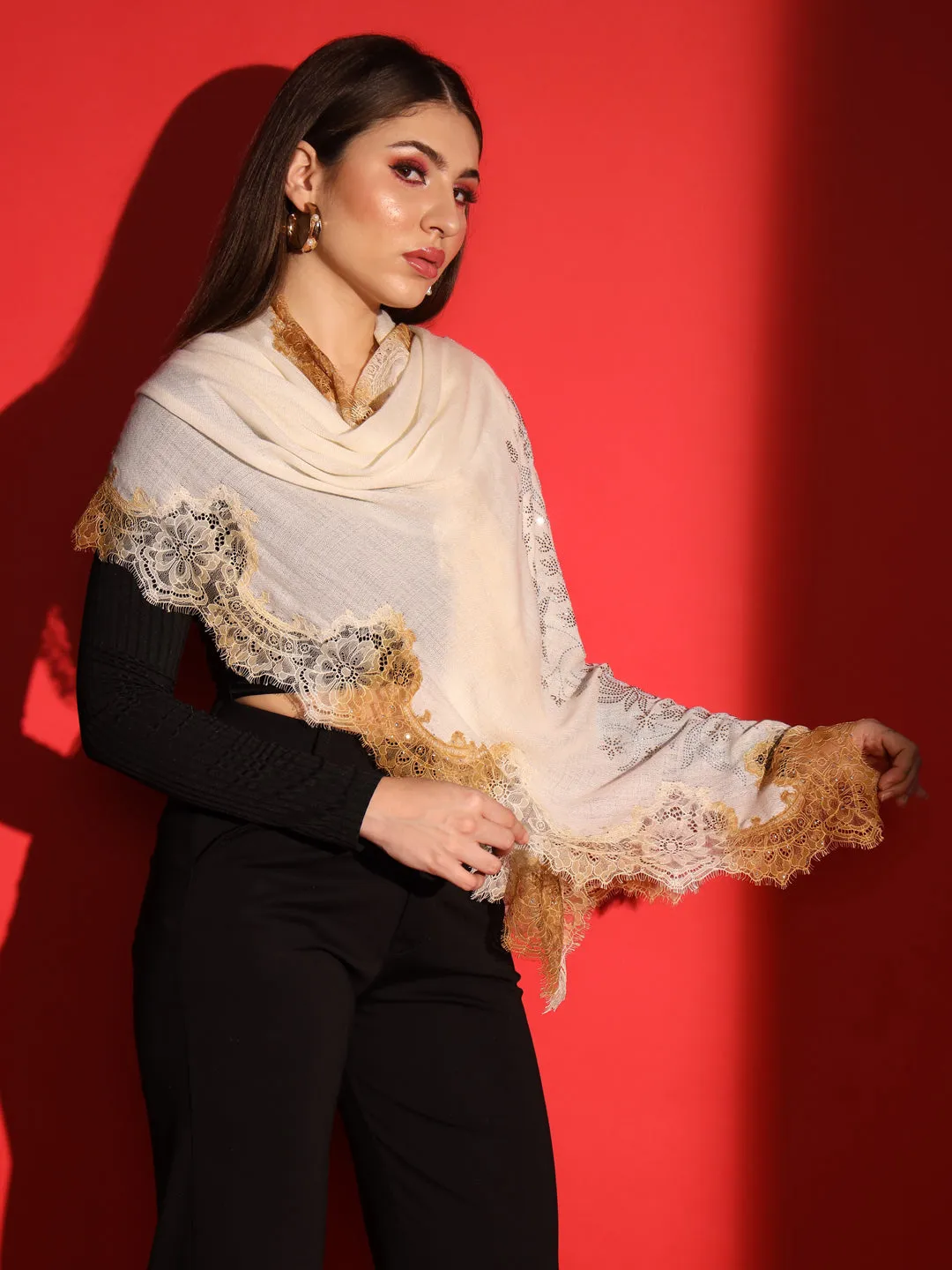 beige shawl with lace and swarovski