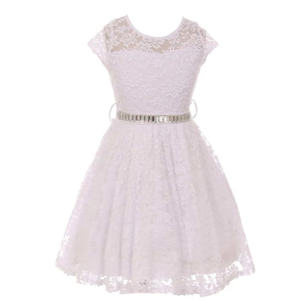 Big Girls Lace Glitter Stone Belt Special Occasion Skater Dress 8-14