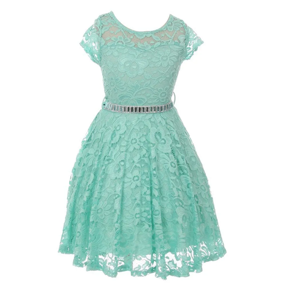 Big Girls Lace Glitter Stone Belt Special Occasion Skater Dress 8-14