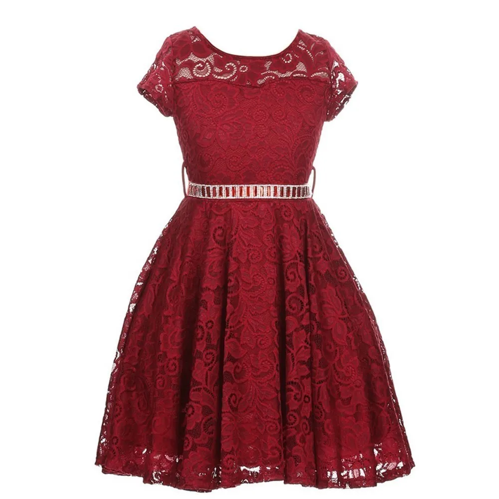 Big Girls Lace Glitter Stone Belt Special Occasion Skater Dress 8-14