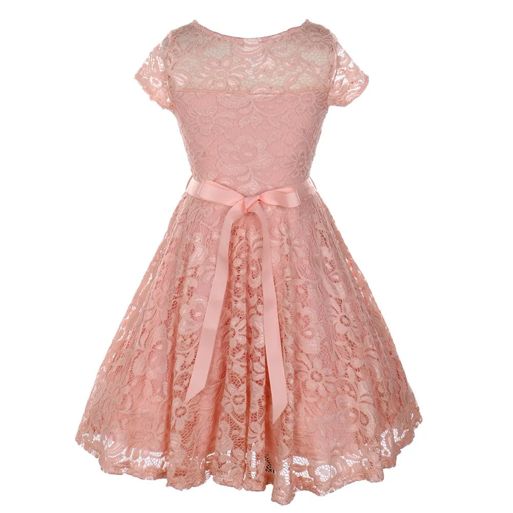 Big Girls Lace Glitter Stone Belt Special Occasion Skater Dress 8-14