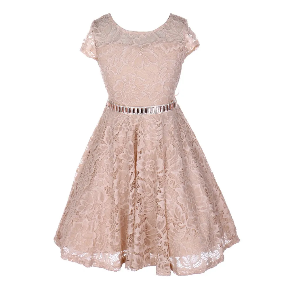 Big Girls Lace Glitter Stone Belt Special Occasion Skater Dress 8-14