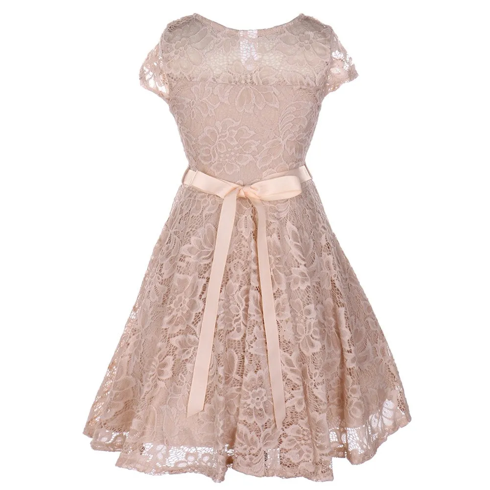 Big Girls Lace Glitter Stone Belt Special Occasion Skater Dress 8-14