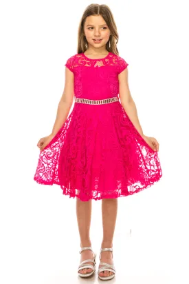 Big Girls Lace Glitter Stone Belt Special Occasion Skater Dress 8-14