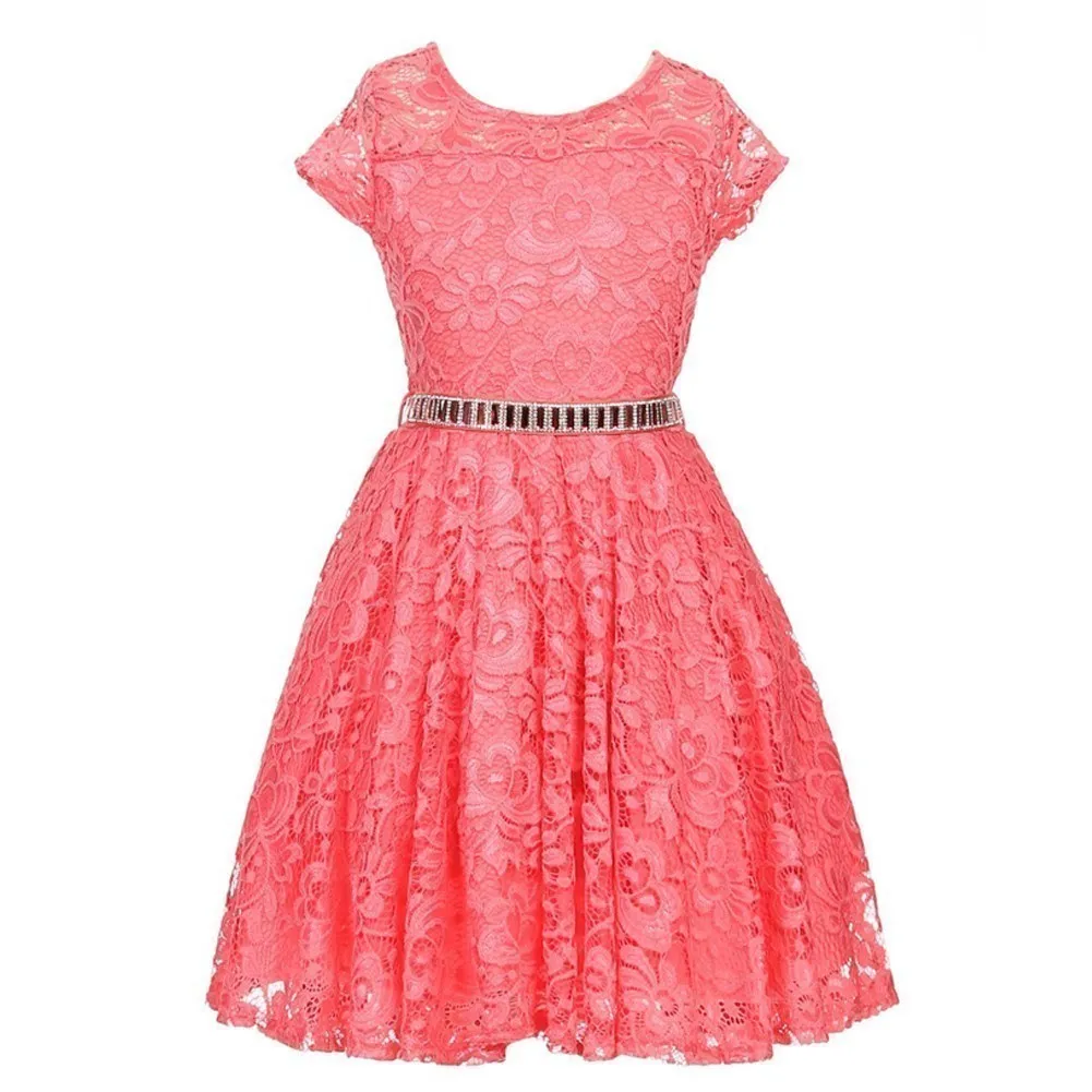 Big Girls Lace Glitter Stone Belt Special Occasion Skater Dress 8-14