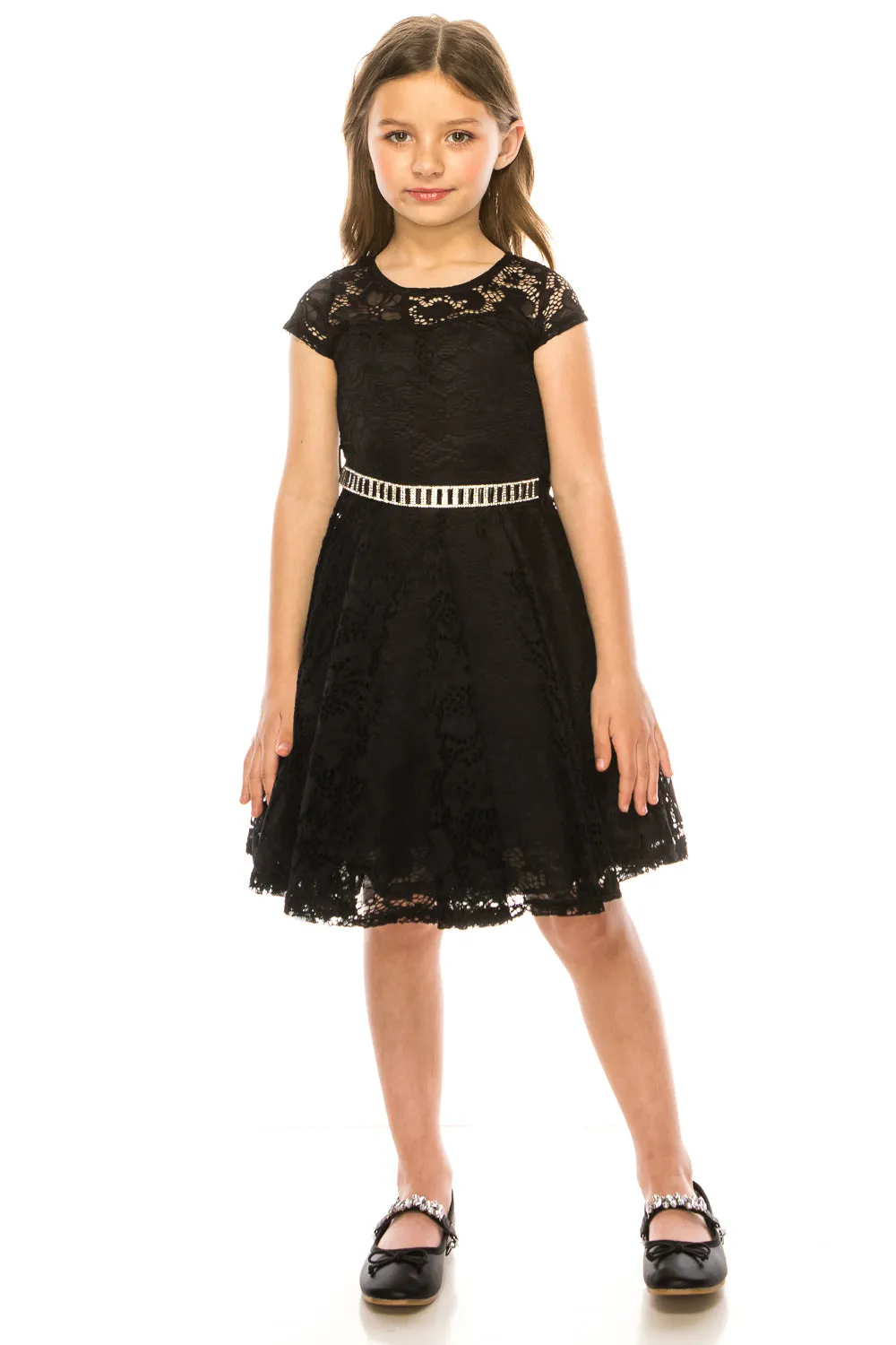 Big Girls Lace Glitter Stone Belt Special Occasion Skater Dress 8-14