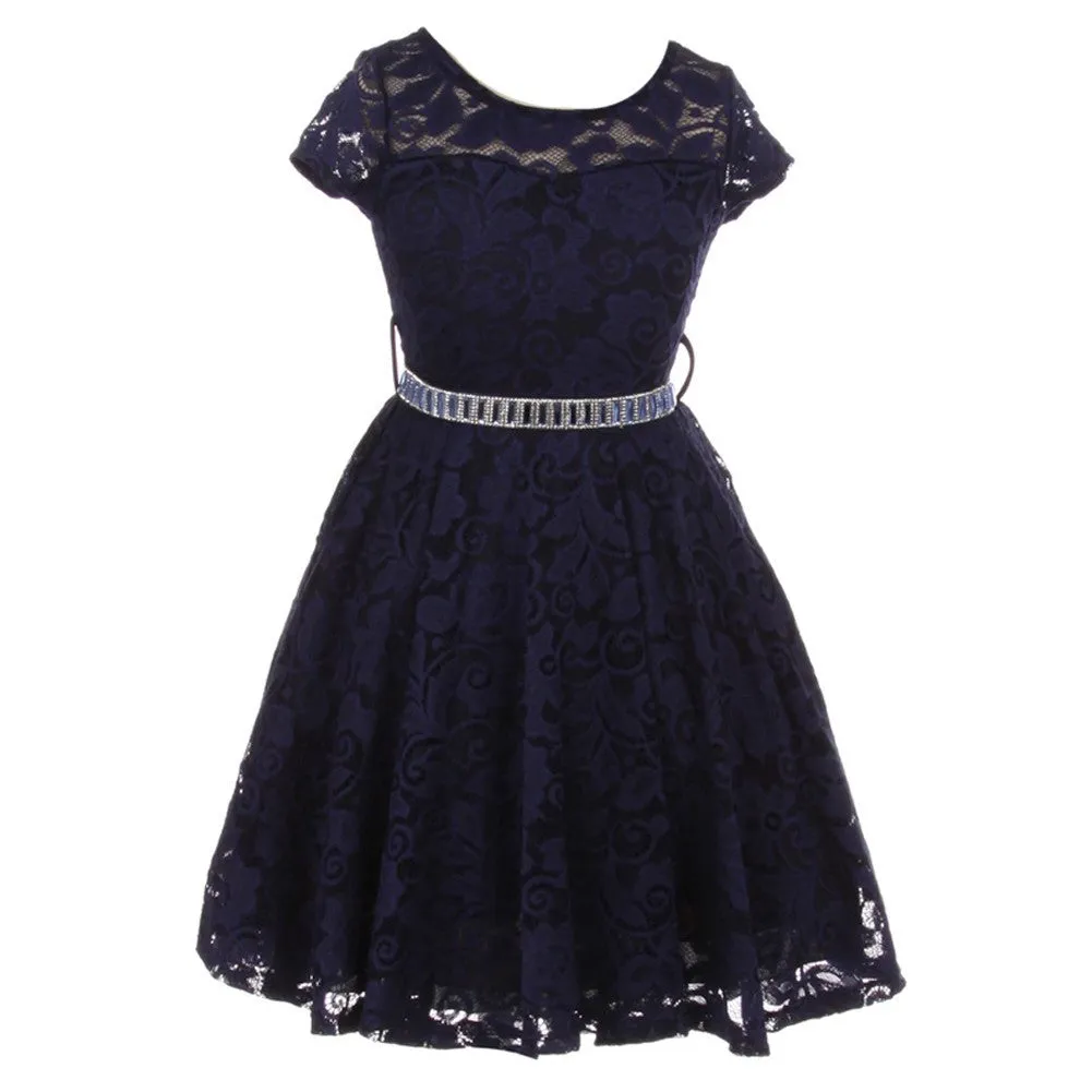 Big Girls Lace Glitter Stone Belt Special Occasion Skater Dress 8-14