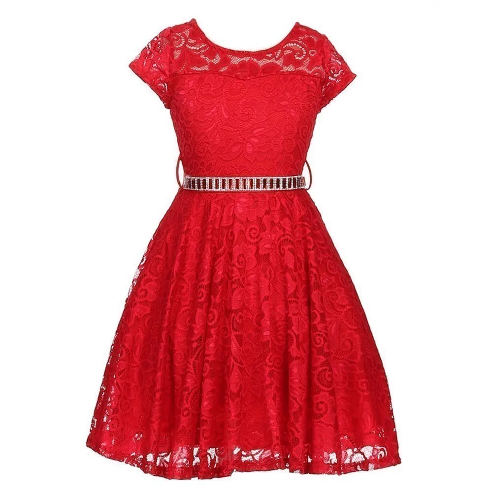 Big Girls Lace Glitter Stone Belt Special Occasion Skater Dress 8-14