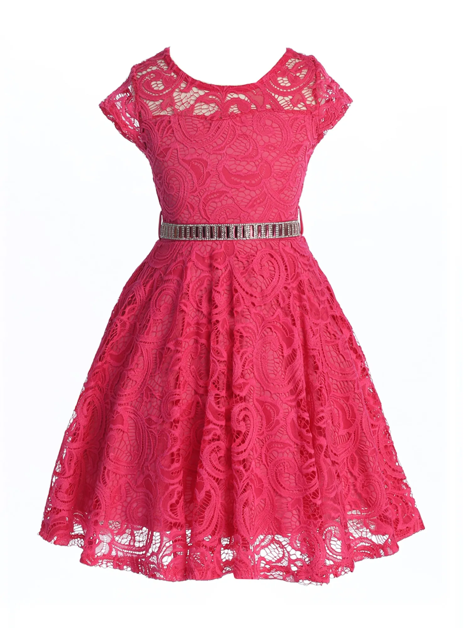 Big Girls Lace Glitter Stone Belt Special Occasion Skater Dress 8-14