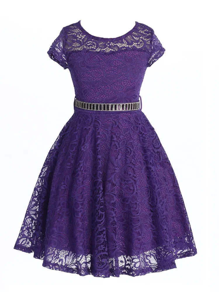 Big Girls Lace Glitter Stone Belt Special Occasion Skater Dress 8-14