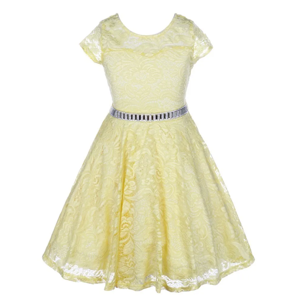 Big Girls Lace Glitter Stone Belt Special Occasion Skater Dress 8-14