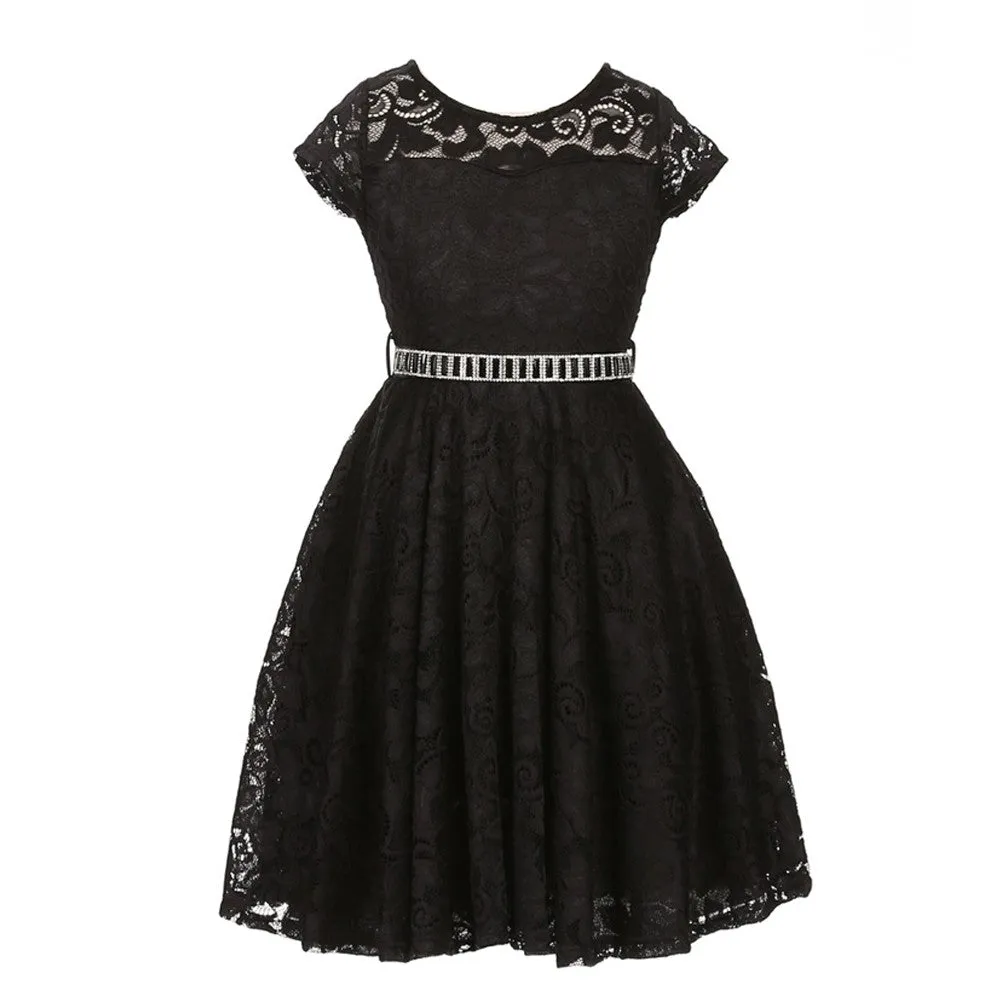 Big Girls Lace Glitter Stone Belt Special Occasion Skater Dress 8-14